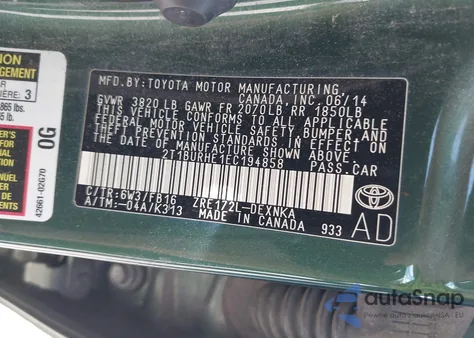 2014 Toyota Corolla Le из США, поврежденный, VIN 2T1BURHE1EC194858